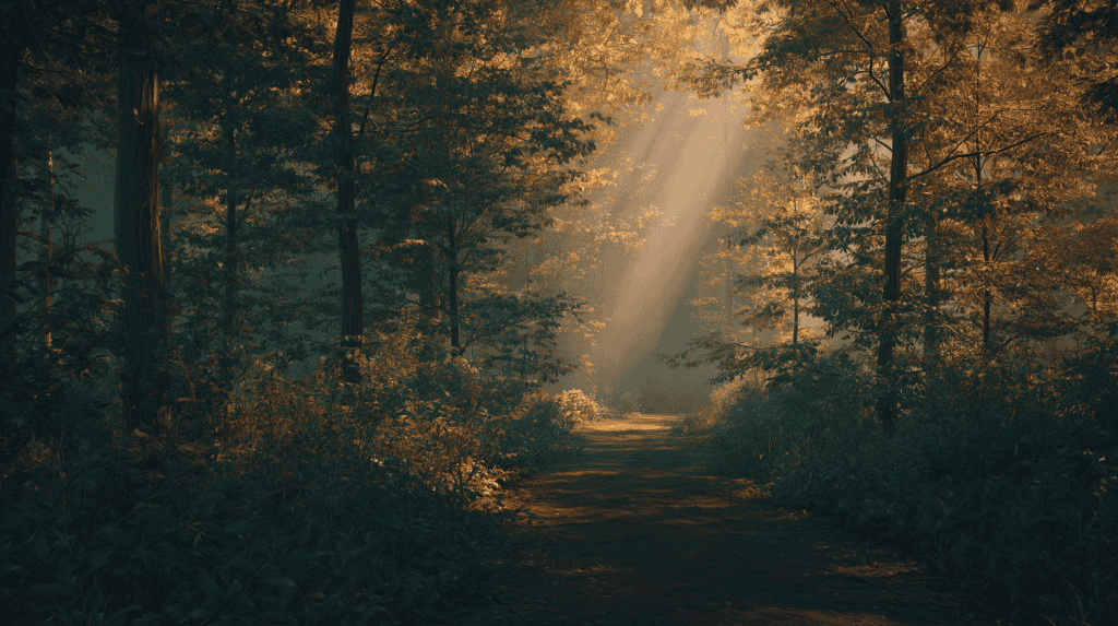 forest trail with sunlight, ideal for stress relief and breathing exercises for stress